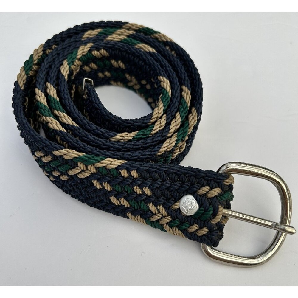 Vintage Striped Navy Blue Braided Belt Silvertone Buckle Western Boho L/XL